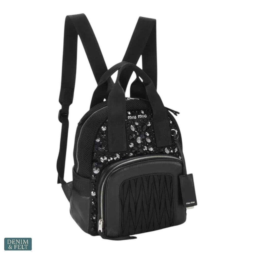 MIU MIU‎ Black Faille Crystal Embellished Beaded Leather Trim Mini Luxe Backpack